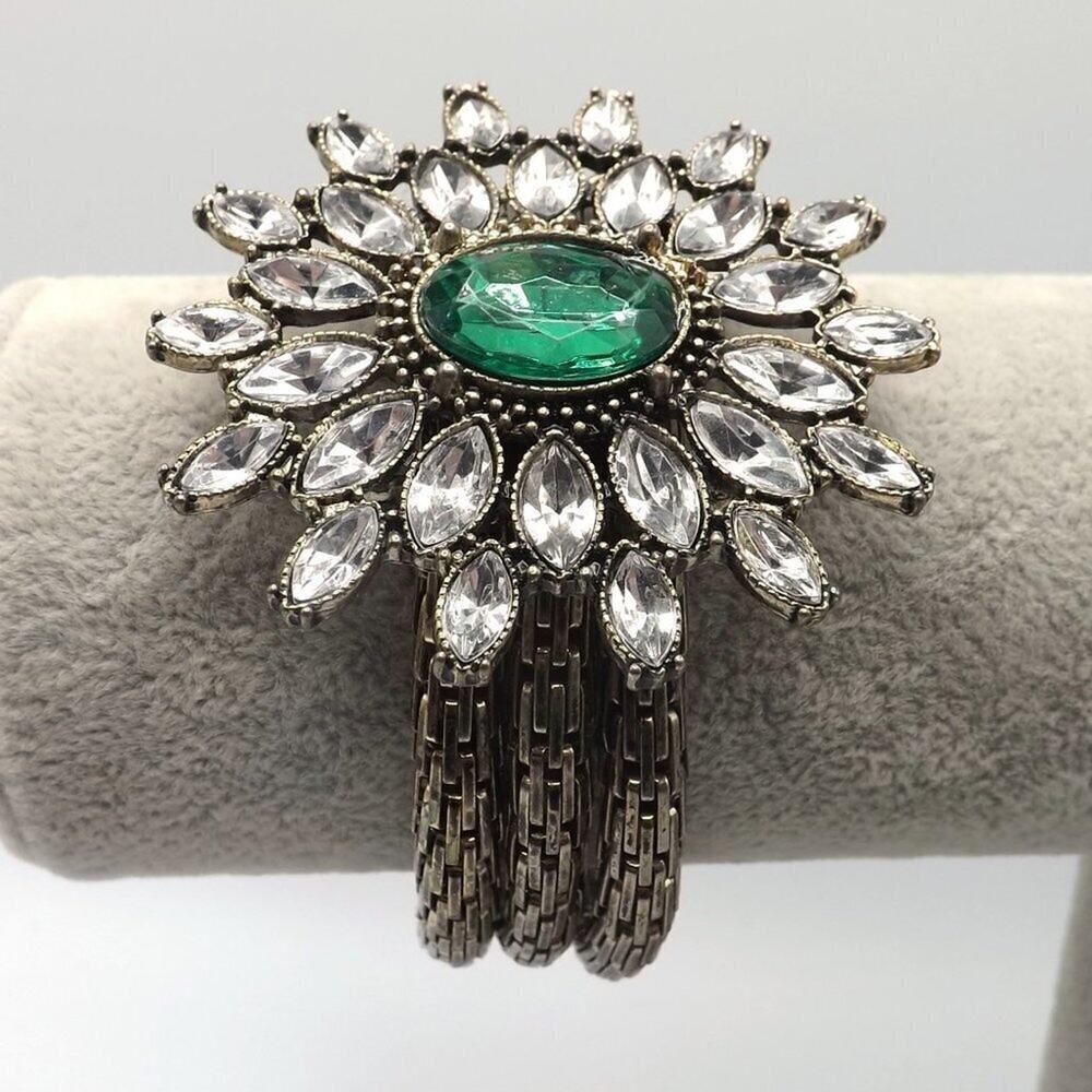 Green Clear Rhinestone Pendant Bracelet, Silver Tone, Stretch, 7 Inches